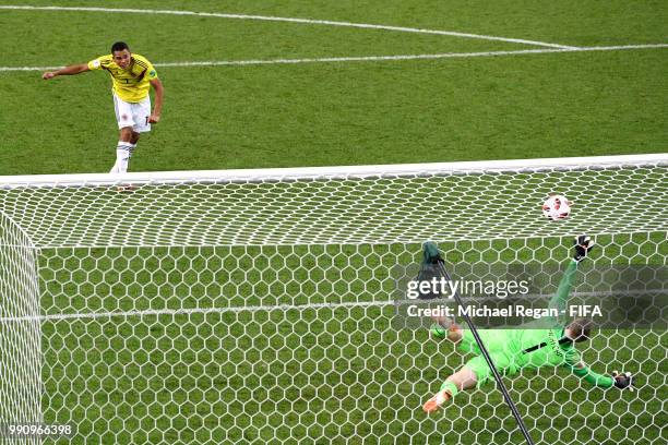 Jordan Pickford of England saves the fifth penalty from Carlos Bacca of Colombia in the penalty shoot out during the 2018 FIFA World Cup Russia Round...