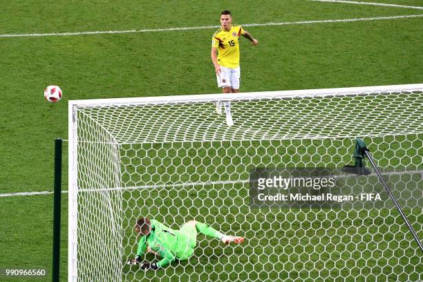 Mateus Uribe of Colombia misses his team's fourth penalty in the penalty shoot out during the 2018 FIFA World Cup Russia Round of 16 match between...