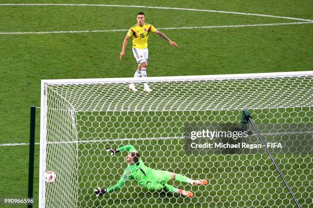 Mateus Uribe of Colombia misses his team's fourth penalty in the penalty shoot out during the 2018 FIFA World Cup Russia Round of 16 match between...