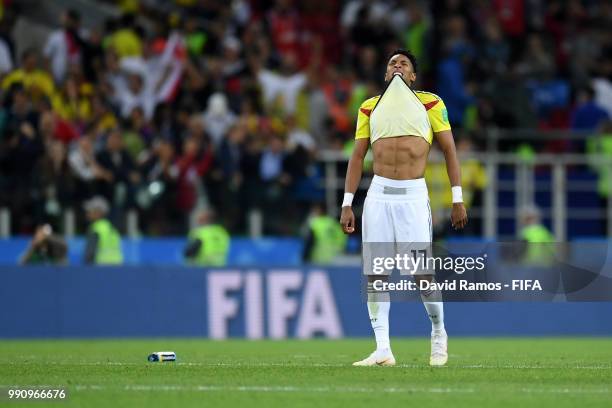 Johan Mojica of Colombia shows his dejection following the 2018 FIFA World Cup Russia Round of 16 match between Colombia and England at Spartak...