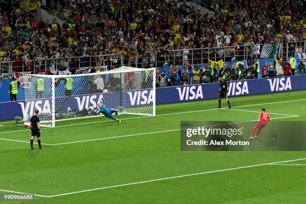 Kieran Trippier of England scores his team's fourth penalty in the penalty shoot out during the 2018 FIFA World Cup Russia Round of 16 match between...