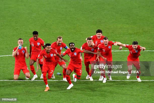 England players celebrate after Eric Dier of England scores the winning penalty during the 2018 FIFA World Cup Russia Round of 16 match between...