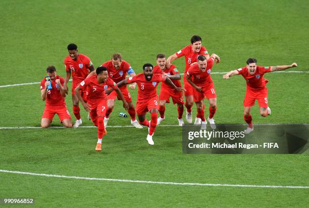 England players celebrate after Eric Dier of England scores the winning penalty during the 2018 FIFA World Cup Russia Round of 16 match between...