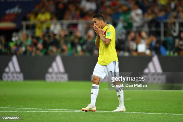 Carlos Bacca of Colombia shows his dejection following the 2018 FIFA World Cup Russia Round of 16 match between Colombia and England at Spartak...