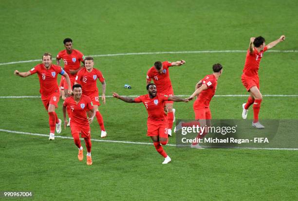 England players celebrate after Eric Dier of England scores the winning penalty during the 2018 FIFA World Cup Russia Round of 16 match between...