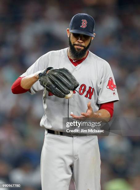 David Price of the Boston Red Sox in action against the New York Yankees at Yankee Stadium on July 1, 2018 in the Bronx borough of New York City. The...