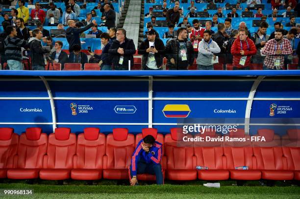 James Rodriguez of Colombia looks dejected following his sides defeat in the 2018 FIFA World Cup Russia Round of 16 match between Colombia and...