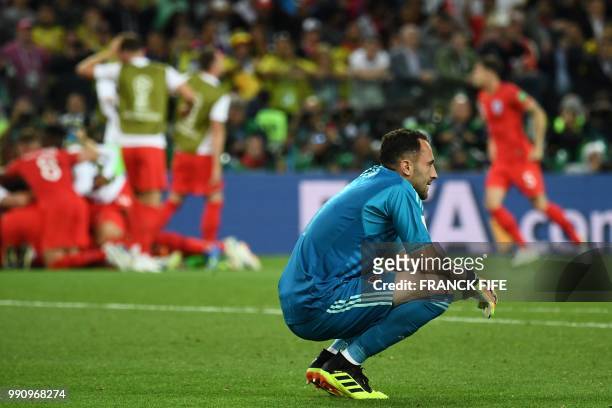 Colombia's goalkeeper David Ospina reacts at the end of to the Russia 2018 World Cup round of 16 football match between Colombia and England at the...