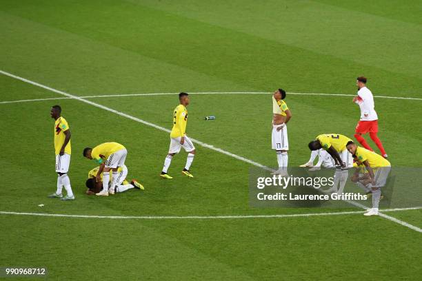 Players of Colombia show their dejection following the 2018 FIFA World Cup Russia Round of 16 match between Colombia and England at Spartak Stadium...