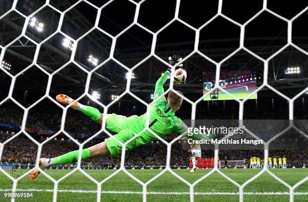 Jordan Pickford of England saves the fifth penalty from Carlos Bacca of Colombia in the penalty shoot out during the 2018 FIFA World Cup Russia Round...