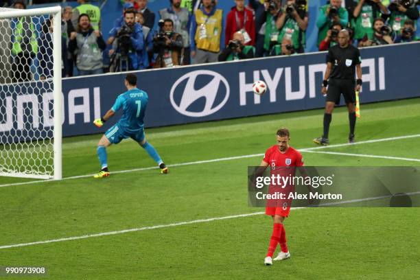 Jordan Henderson of England looks dejected after missing his team's third penalty in the penalty shoot out during the 2018 FIFA World Cup Russia...