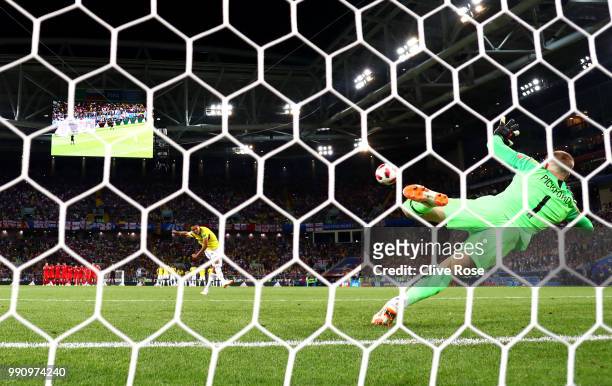 Jordan Pickford of England saves the fifth penalty from Carlos Bacca of Colombia in the penalty shoot out during the 2018 FIFA World Cup Russia Round...