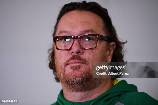 Boomers assistant coach Luc Longley speaks to the media during a press conference after arriving at Brisbane Airport on July 4, 2018 in Brisbane,...