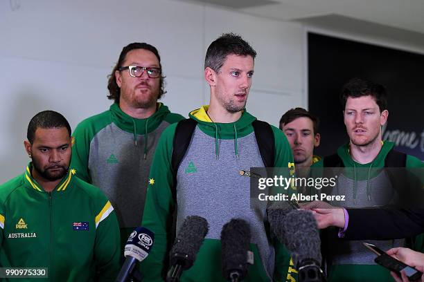 Boomers player Daniel Kickert speaks to the media during a press conference after arriving at Brisbane Airport on July 4, 2018 in Brisbane,...