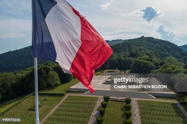 An aerial picture shows the cemetery of Vieil Armand, formerly called Hartmannswillerkopf, in the Vosges mountains of eastern France on July 3, 2018....