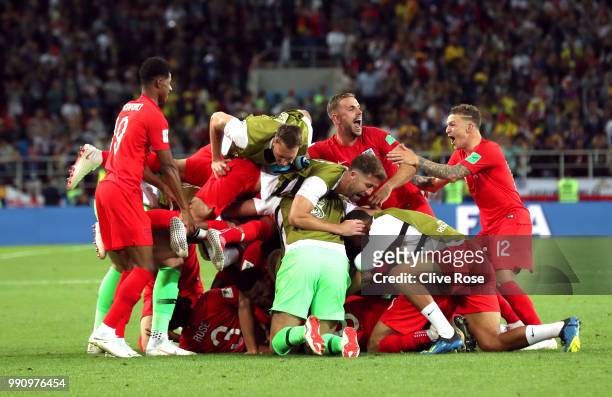 The England team celebrate victory in the penalty shoot out after the 2018 FIFA World Cup Russia Round of 16 match between Colombia and England at...