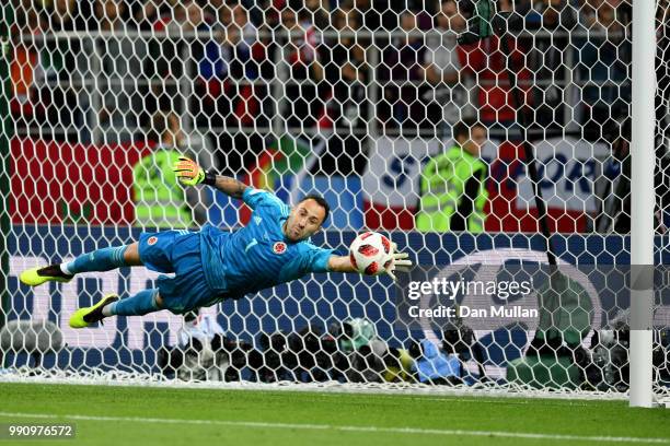 David Ospina of Colombia saves the third penalty from Jordan Henderson of England in the penalty shoot out during the 2018 FIFA World Cup Russia...