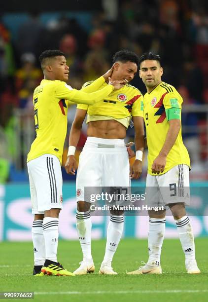 Wilmar Barrios of Colombia, Johan Mojica of Colombia, and Radamel Falcao of Colombia celebrate following their sides victory in the 2018 FIFA World...