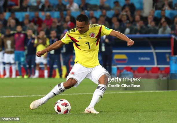 Carlos Bacca of Colombia takes his sides 5th penalty which is later saved by Jordan Pickford of England during the 2018 FIFA World Cup Russia Round...