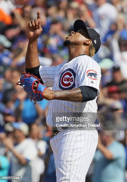 Pedro Strop of the Chicago Cubs celebrates after getting a save against the Detroit Tigers at Wrigley Field on July 3, 2018 in Chicago, Illinois. The...
