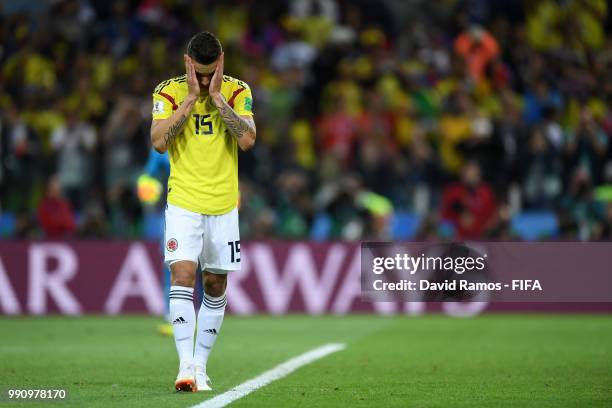 Mateus Uribe of Colombia looks dejected after the 2018 FIFA World Cup Russia Round of 16 match between Colombia and England at Spartak Stadium on...