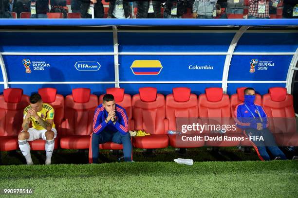 James Rodriguez of Colombia looks dejected on the Colombia bench after the 2018 FIFA World Cup Russia Round of 16 match between Colombia and England...