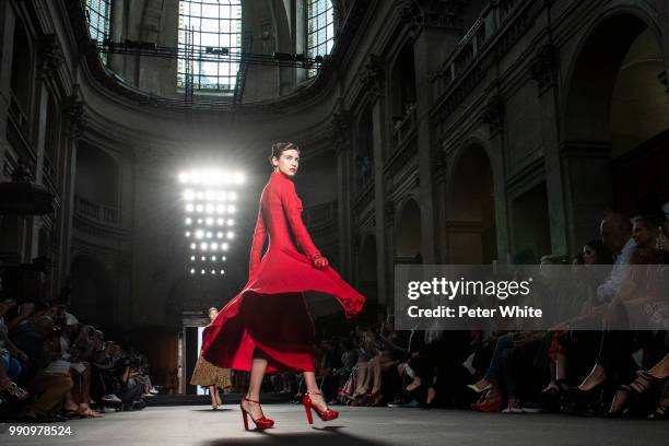 Model walks the runway during the Julien Fournie Haute Couture Fall Winter 2018/2019 show as part of Paris Fashion Week on July 3, 2018 in Paris,...