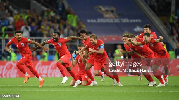 The England players celebrate after Eric Dier of England scores the winning penalty in the penalty shoot out during the 2018 FIFA World Cup Russia...