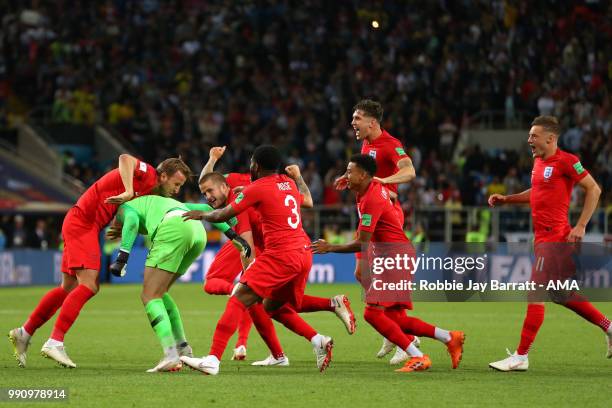 The England players celebrate winning a penalty shootout at the end of extra time during the 2018 FIFA World Cup Russia Round of 16 match between...