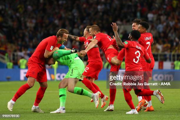 The England players celebrate winning a penalty shootout at the end of extra time during the 2018 FIFA World Cup Russia Round of 16 match between...