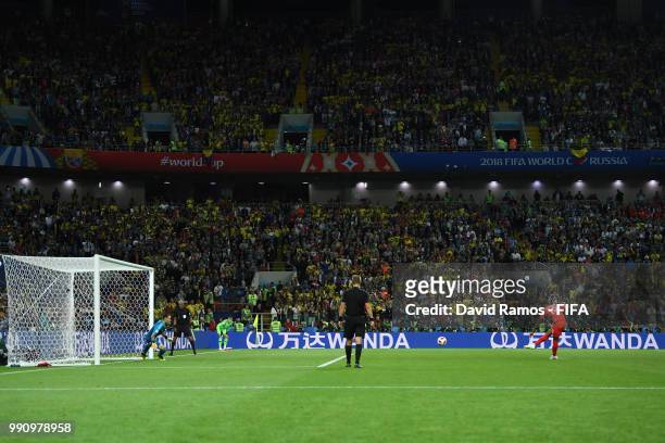Marcus Rashford of England scores his sides second penalty past David Ospina of Colombia during the 2018 FIFA World Cup Russia Round of 16 match...