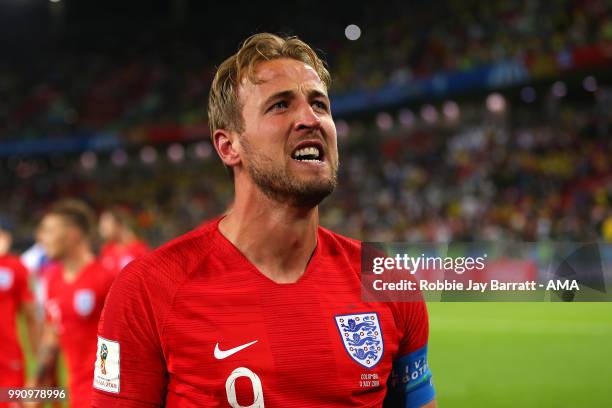 Harry Kane of England celebrates his team's victory in a penalty shootout at the end of extra time during the 2018 FIFA World Cup Russia Round of 16...