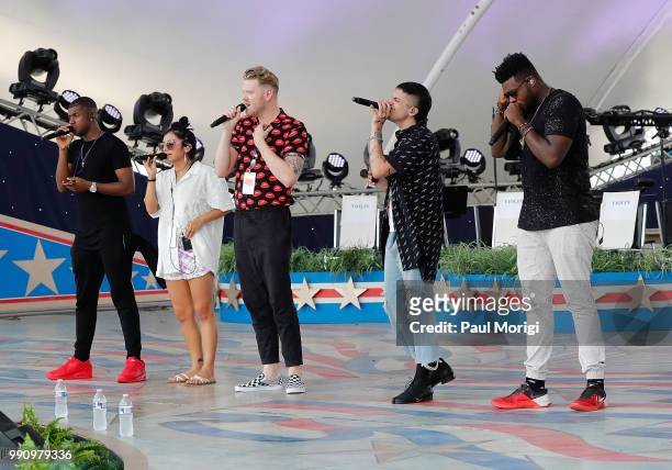 Three-time Grammy Award-winning and multi-platinum selling artist Pentatonix perform at the 2018 A Capitol Fourth rehearsals at U.S. Capitol, West...