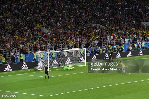 Carlos Bacca of Colombia takes Colombconfronts's fifth penalty and has it saved by Jordan Pickford of England during the 2018 FIFA World Cup Russia...