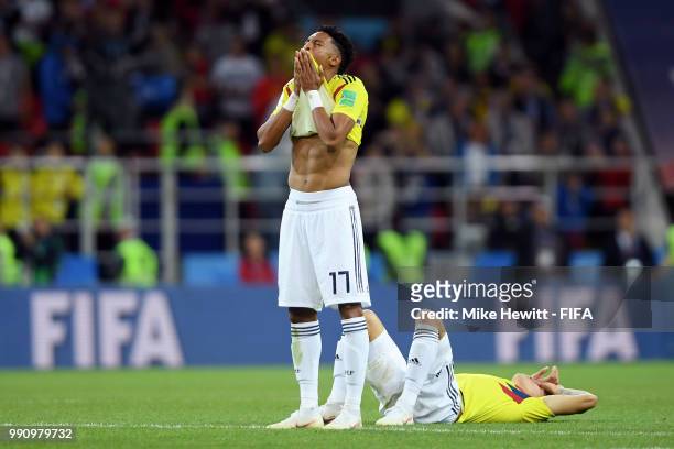 Johan Mojica of Colombia shows his dejection following the 2018 FIFA World Cup Russia Round of 16 match between Colombia and England at Spartak...