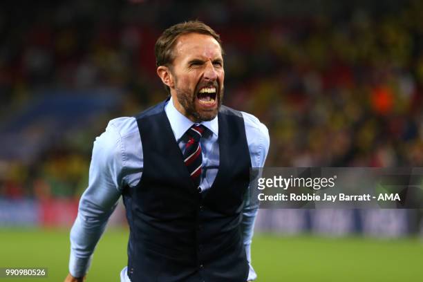 Gareth Southgate head coach / manager of England celebrates his team's victory in a penalty shootout at the end of extra time during the 2018 FIFA...