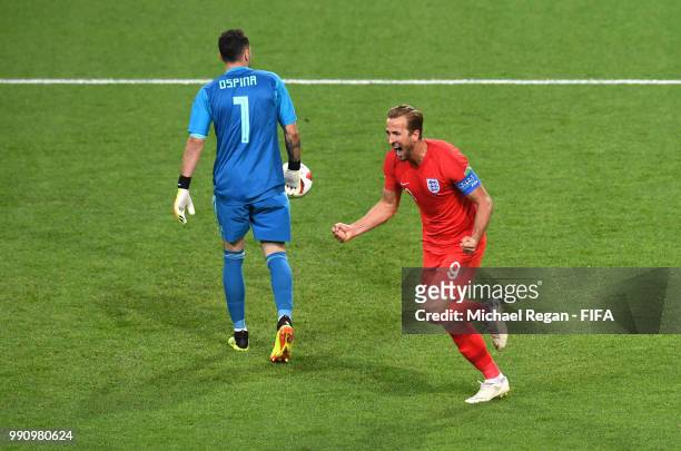 Harry Kane of England celebrates after scoring his team's first goal during the 2018 FIFA World Cup Russia Round of 16 match between Colombia and...