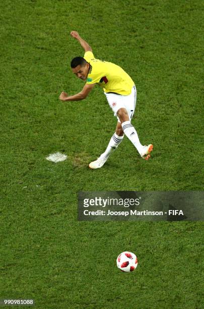 Carlos Bacca of Colombia takes his sides fifth penalty during the 2018 FIFA World Cup Russia Round of 16 match between Colombia and England at...
