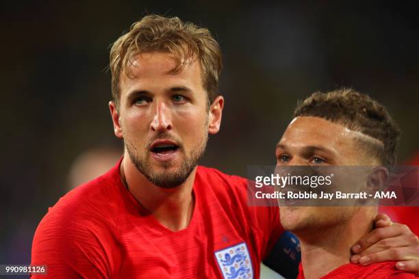 Harry Kane and Kieran Trippier of England celebrate their team's victory in a penalty shootout at the end of extra time during the 2018 FIFA World...