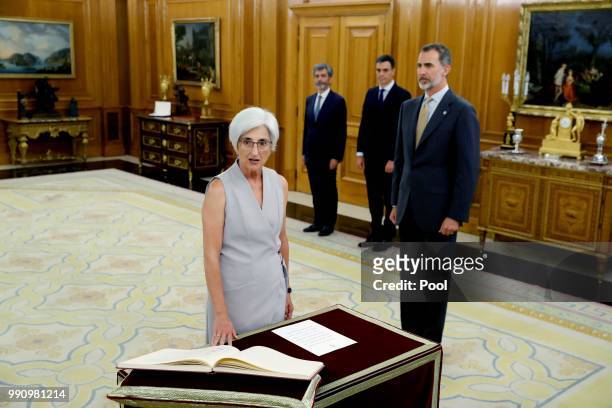 The new State Attorney General, Maria Jose Segarra, with King Felipe VI during a swearing in ceremony at the Palacio de la Zarzuela on July 3, 2018...