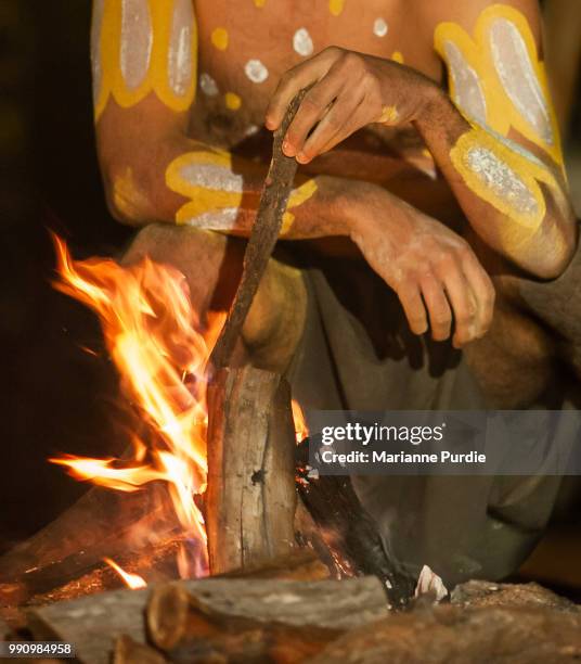 the body of an aboriginal man can be seen tending a fire - austraal aziatische volksstammen stockfoto's en -beelden
