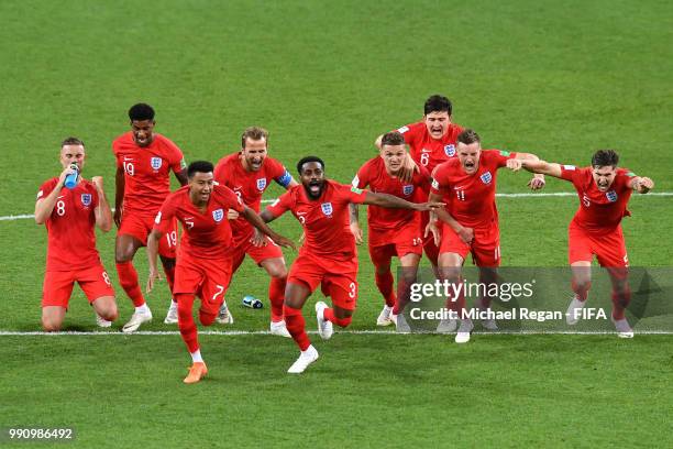 England players celebrate after Eric Dier of England scores the winning penalty during the 2018 FIFA World Cup Russia Round of 16 match between...