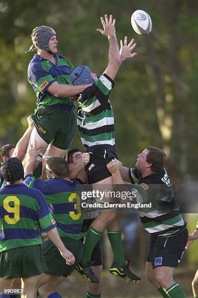 Adam Wallace-Harrison of Sunnybank grabs the ball in front of Anthony Mathison of GPS during the XXXX Brisbane club Rugby Union premiership match...