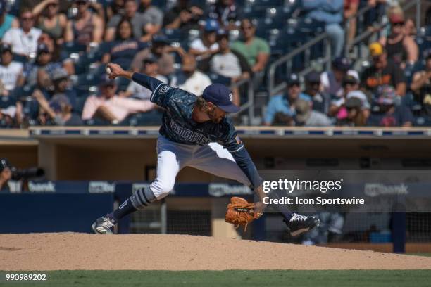 San Diego Padres Pitcher Adam Cimber delivers a pitch during a MLB game between the Pittsburgh Pirates and the San Diego Padres on July 01 at Petco...