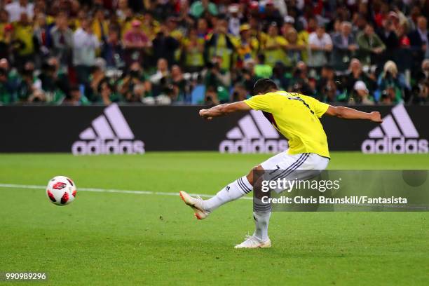 Carlos Bacca of Colombia misses in the penalty shoot-out following the 2018 FIFA World Cup Russia Round of 16 match between Colombia and England at...