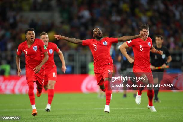 The England players celebrate winning a penalty shootout at the end of extra time during the 2018 FIFA World Cup Russia Round of 16 match between...