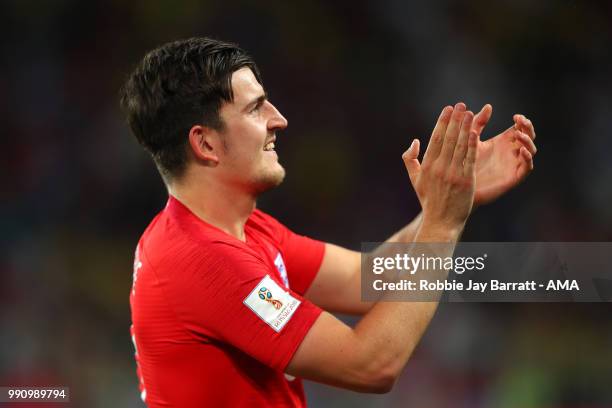 Harry Maguire of England celebrates winning a penalty shootout at the end of extra time during the 2018 FIFA World Cup Russia Round of 16 match...