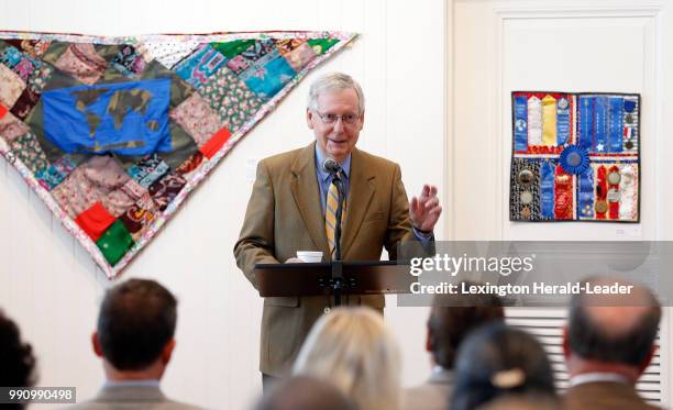 Sen. Mitch McConnell speaks to a group of community leaders and citizens in the Community Arts Center in Danville, Ky., on Tuesday, July 3, 2018.