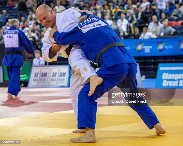 Chris Doherty of Great Britain attacks Elio Paparello of Italy in the u73kg M7 final but eventually lost the match to Paparello by an ippon during...