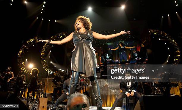 American singer Whitney Houston performs live during a concert at the O2 World on May 12, 2010 in Berlin, Germany. The concert is part of the 2010...